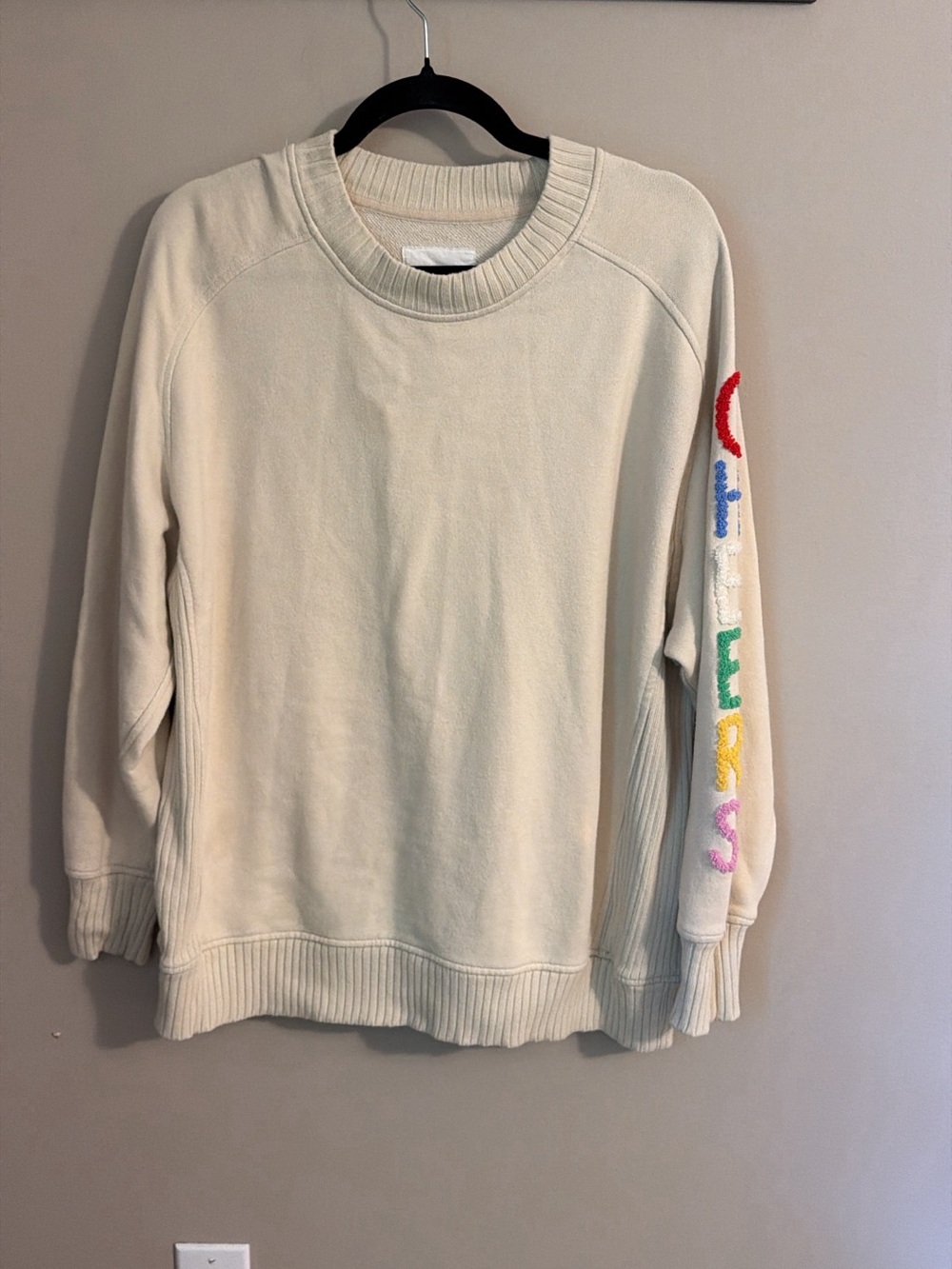 aerie Cream Crewneck Sweater with Colorful Chenille Sleeve Letters